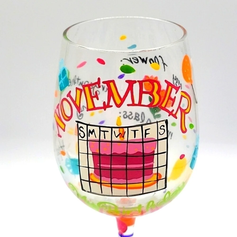 LOLITA Wine Glass Hand Painted November Birthday Recipe on Bottom